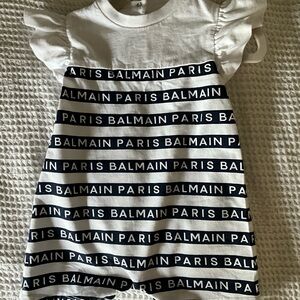 BALMAIN Paris Kids Baby Blue White Logo Stripe Ruffle Sleeve Romper Sz 6 Mnth